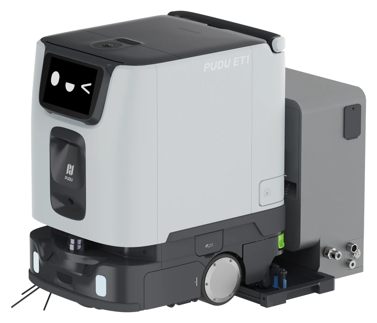PUDU ET1 alongside its 8-in-1 self-cleaning docking station
