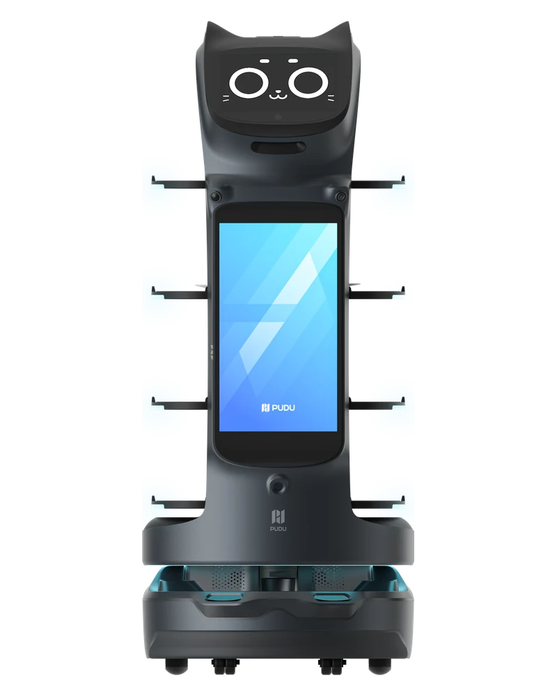 PUDU BellaBot Pro food delivery robot with four trays and a cat-style display face