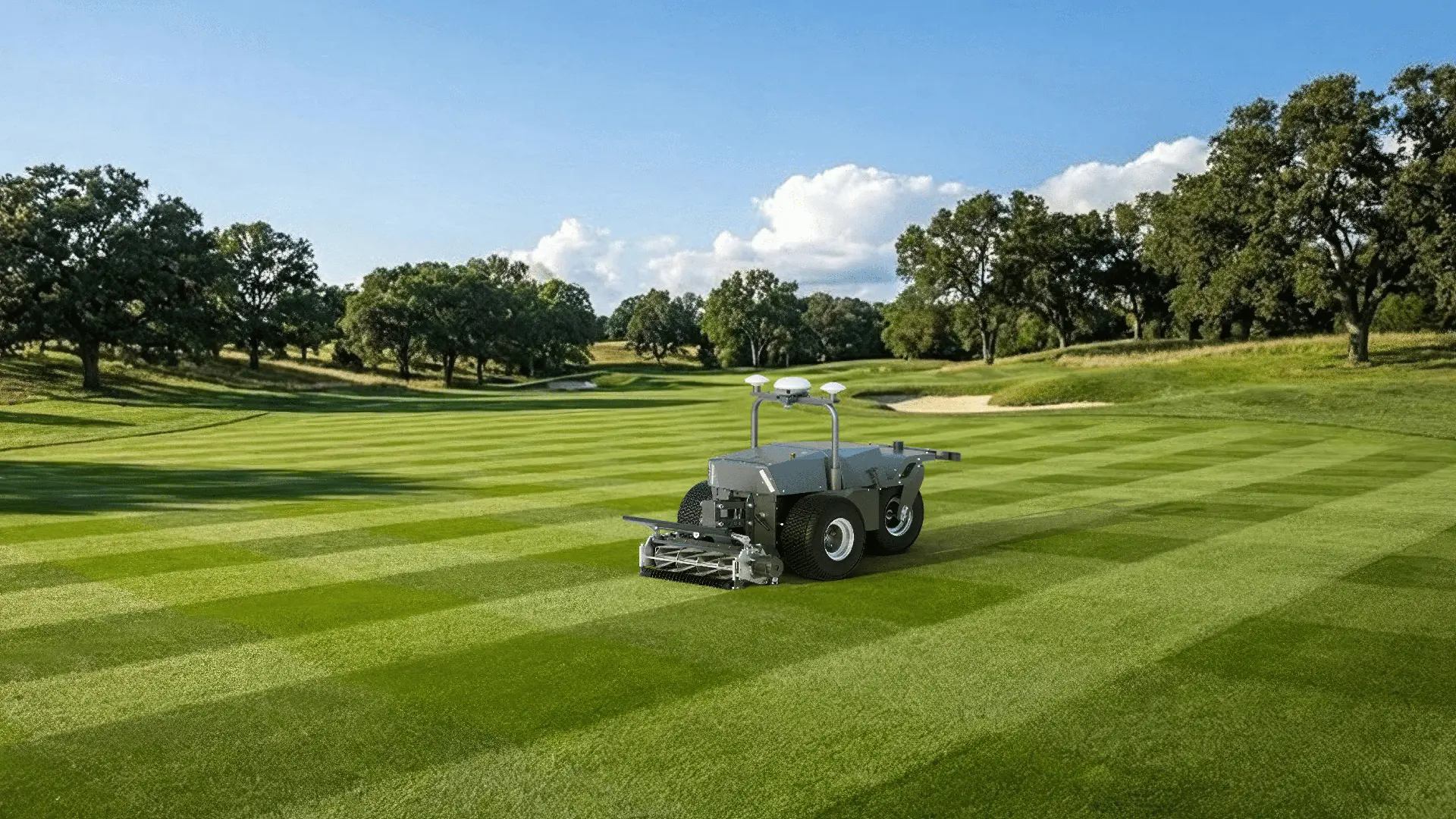 FJD RCM01 robotic cylinder mower striping a golf fairway beside a bunker