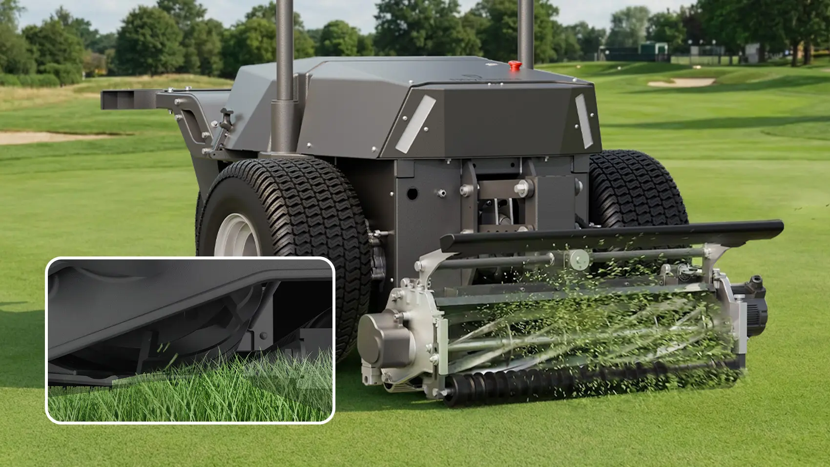 Close-up of the RCM01's 8-blade reel cutting a fairway with clippings flying