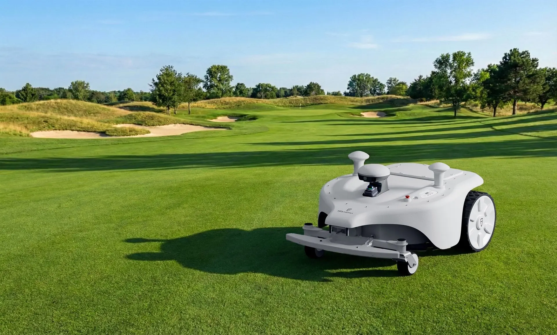 FJD Titan robotic mower cutting a golf course fairway