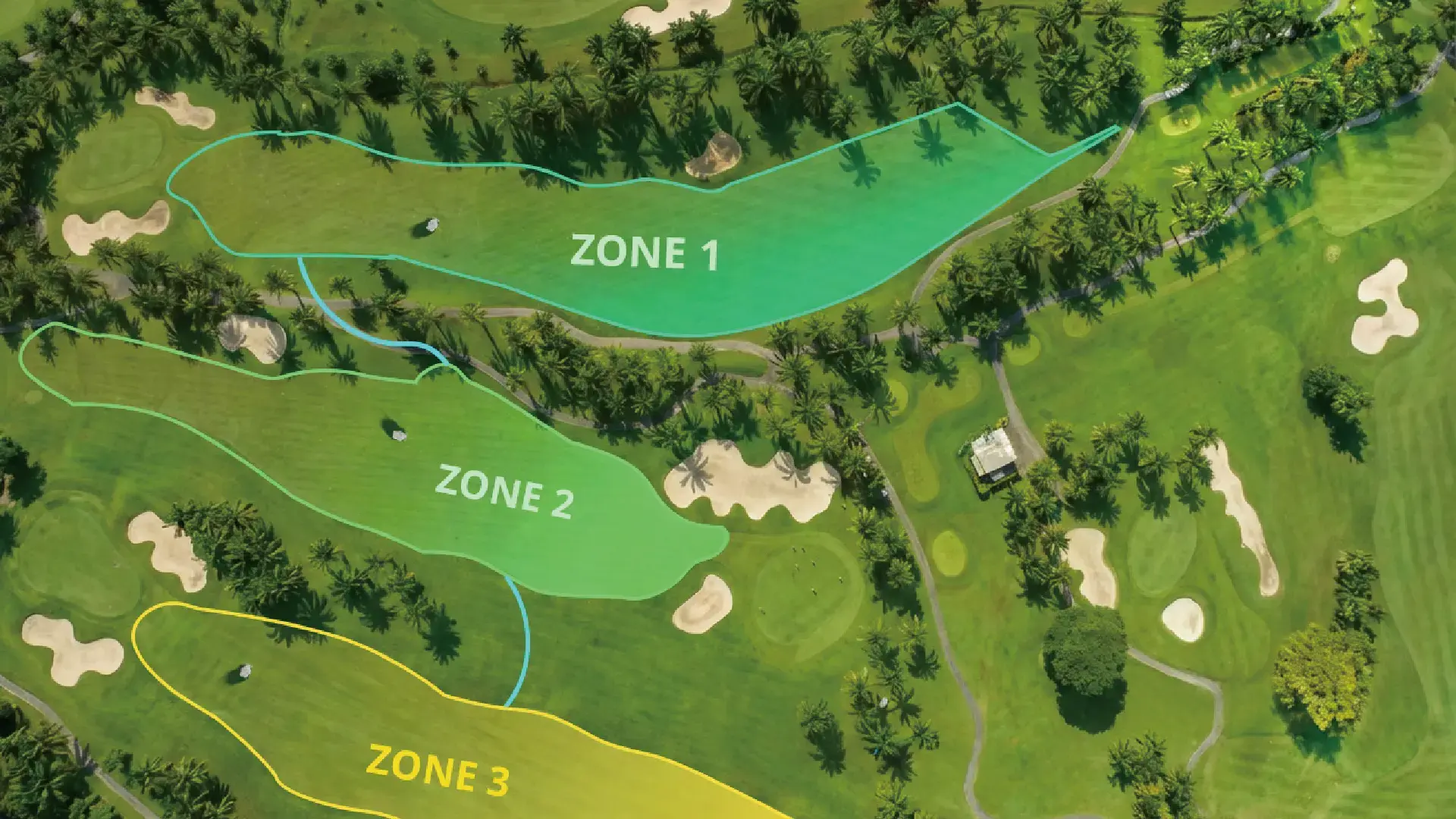 Aerial GreenMaster map view with mowing zones drawn over a large turf site