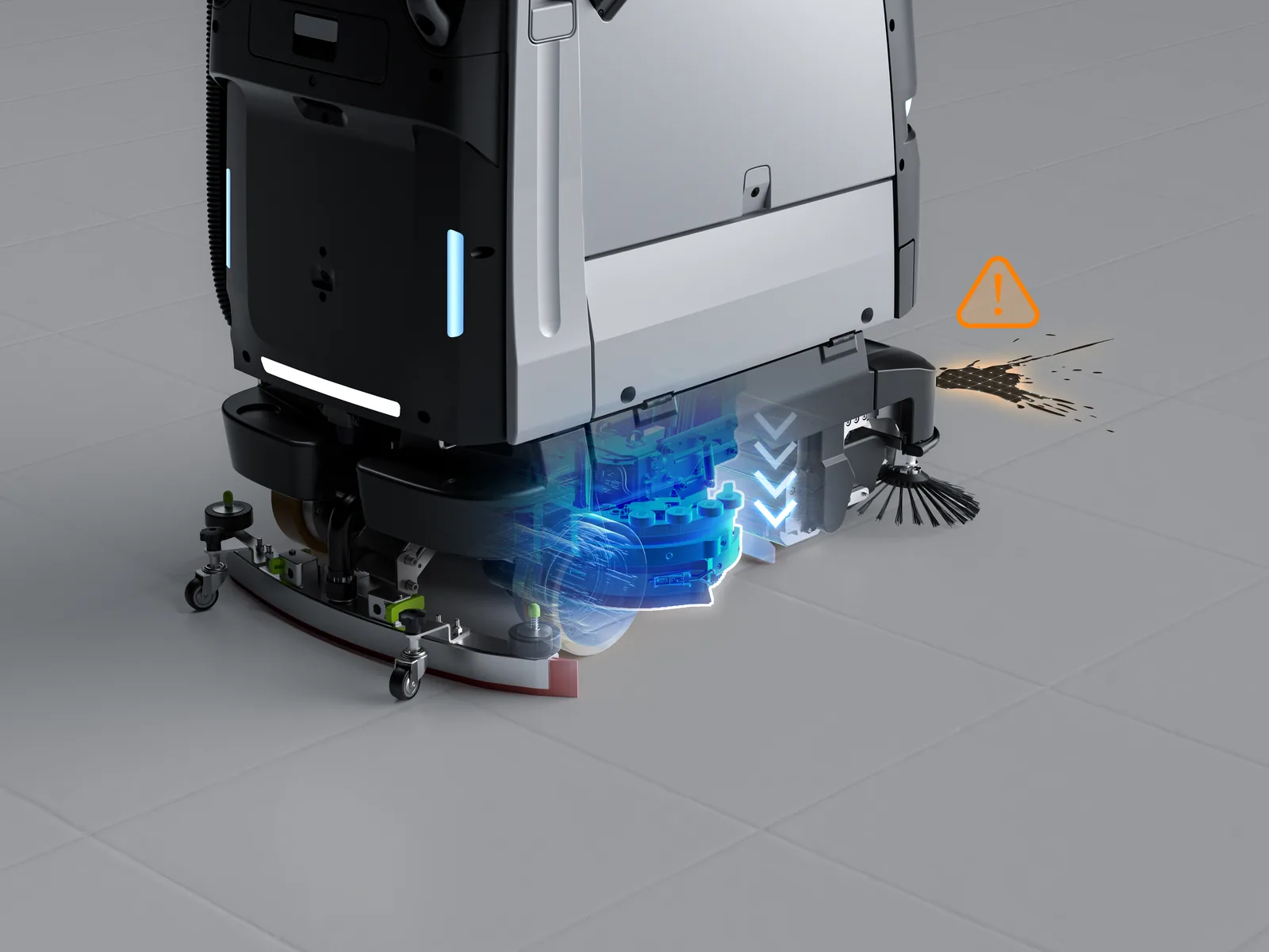 PUDU BG1 extending its scrubbing brush to clean flush against an edge