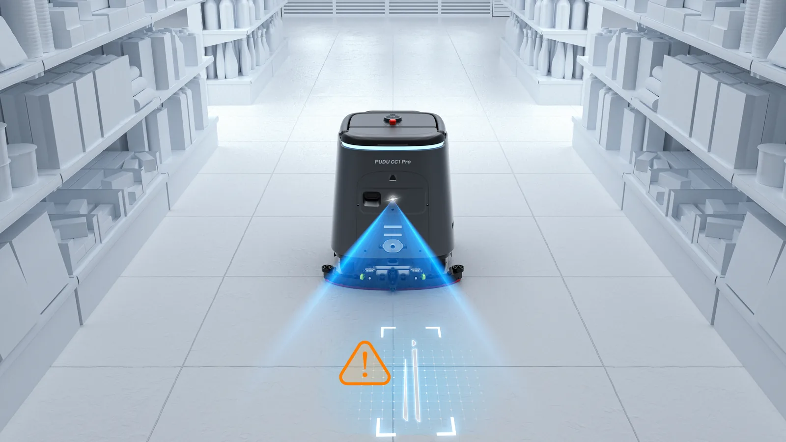 PUDU CC1 Pro detecting a spill in a retail aisle and marking it for spot cleaning
