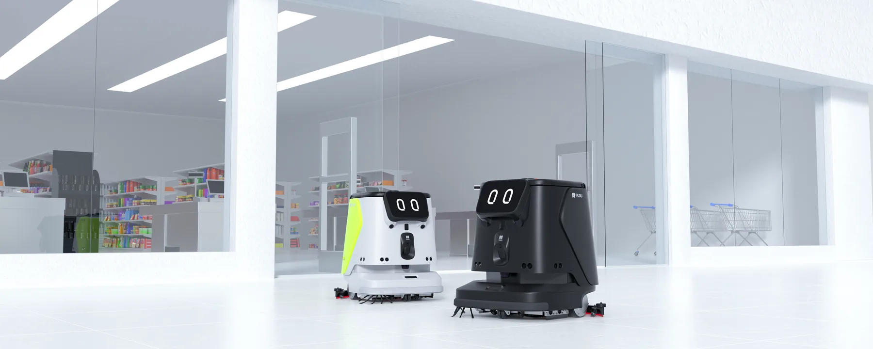 Two PUDU CC1 Pro cleaning robots working a bright retail floor