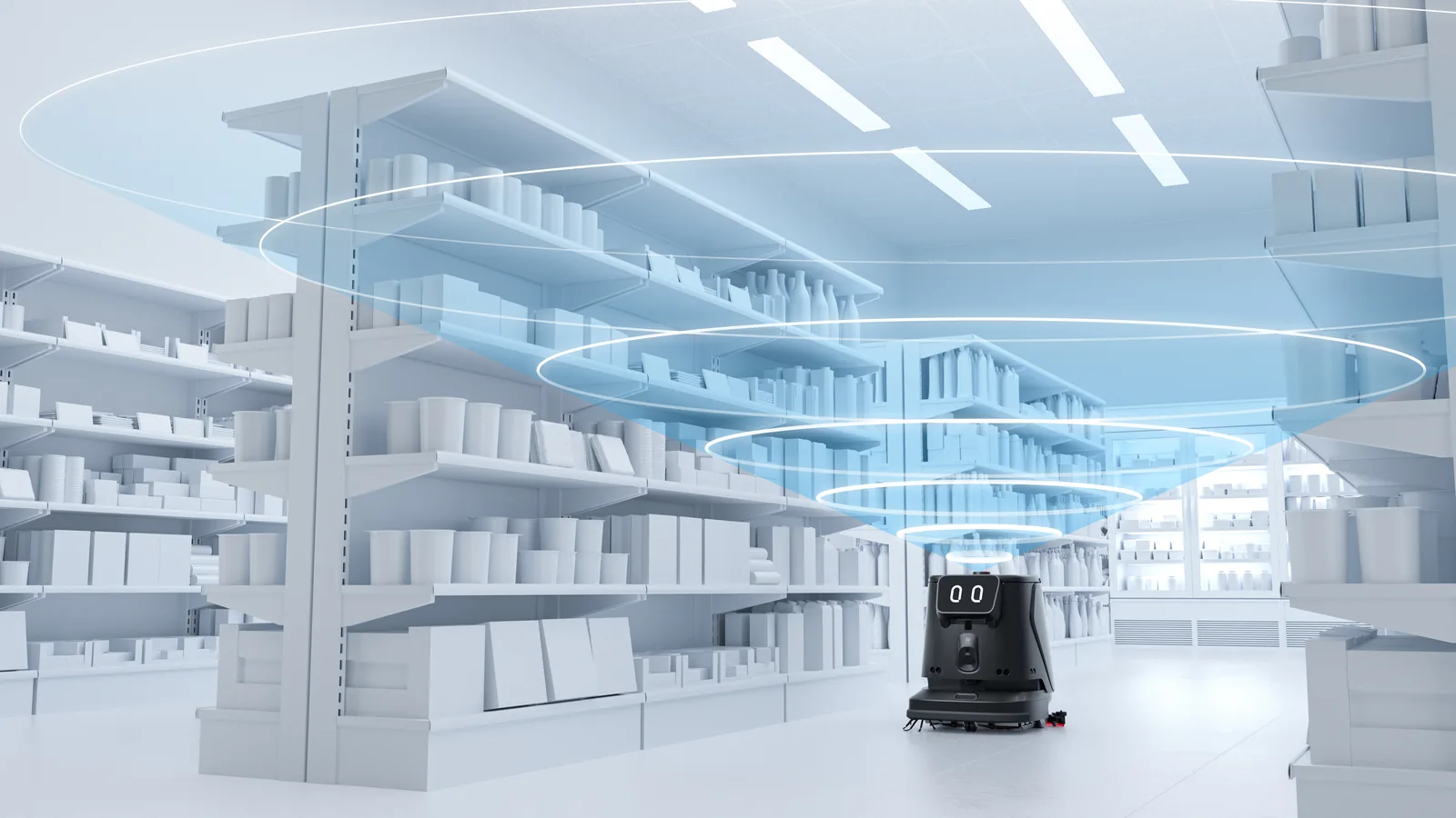 PUDU CC1 Pro navigating a supermarket aisle using LiDAR and visual positioning