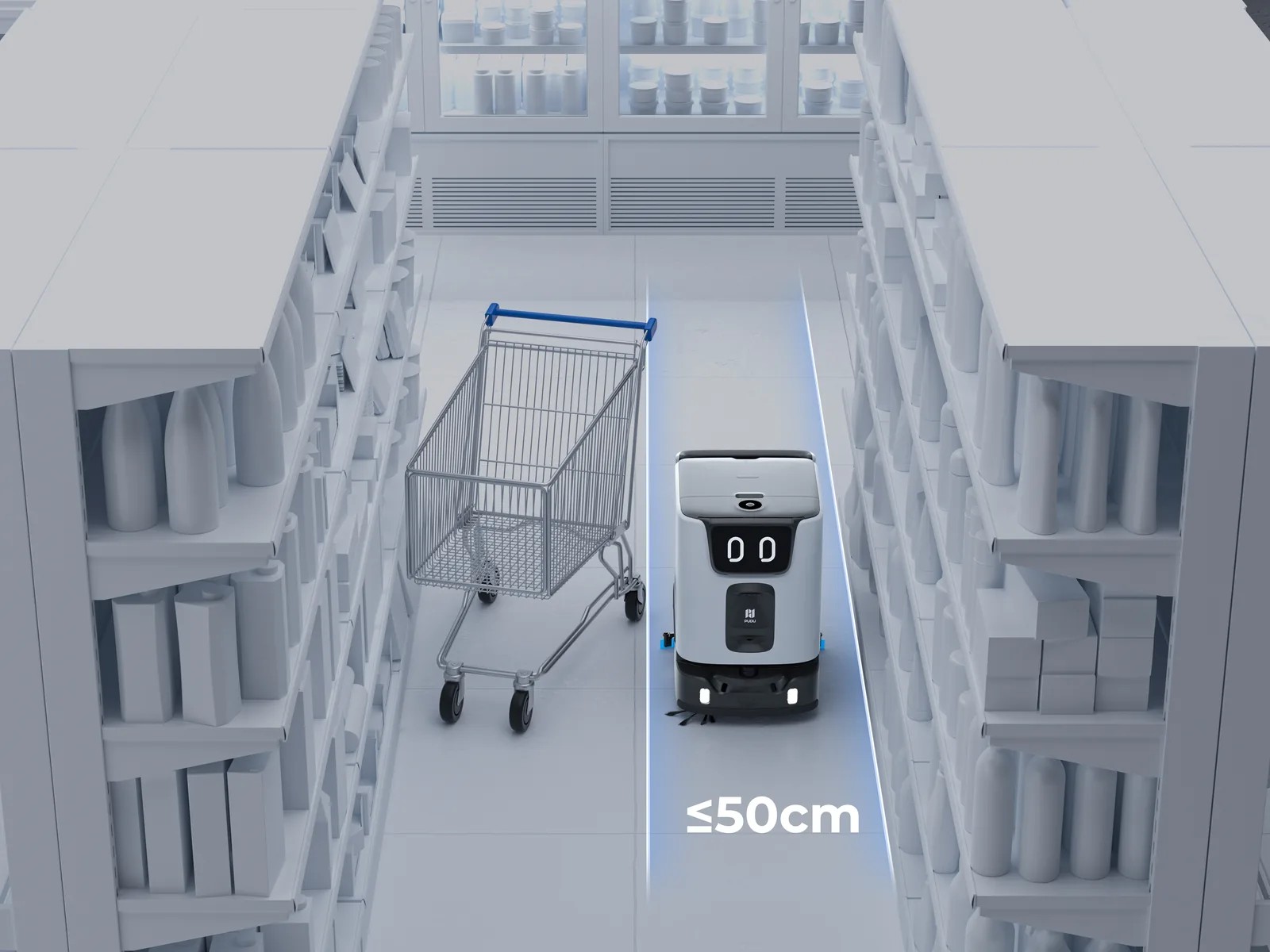 Top-down view of the PUDU ET1 cleaning a narrow supermarket aisle beside a shopping trolley, annotated 50 cm
