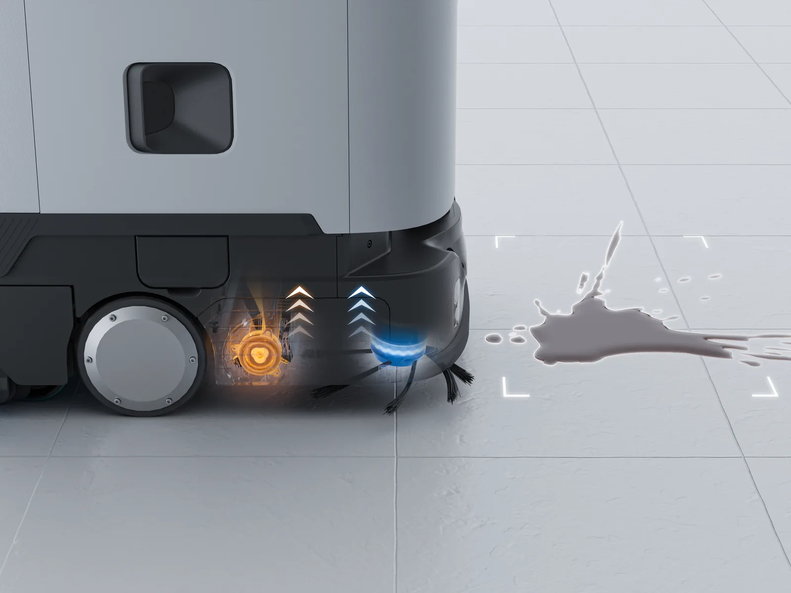Close view of the PUDU ET1 cleaning head approaching a liquid spill, with hot water and suction indicated
