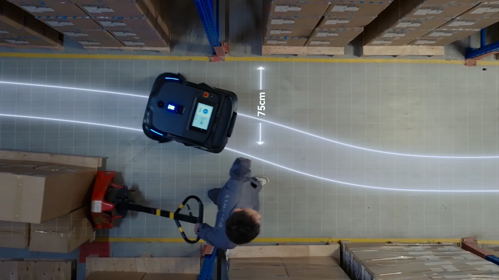 Overhead view of the PUDU MT1 working a warehouse aisle, annotated with its 75 cm clearance