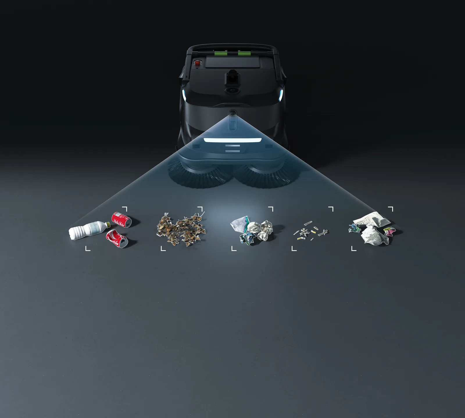 PUDU MT1 detecting scattered bottles, cans and packaging on a dark floor