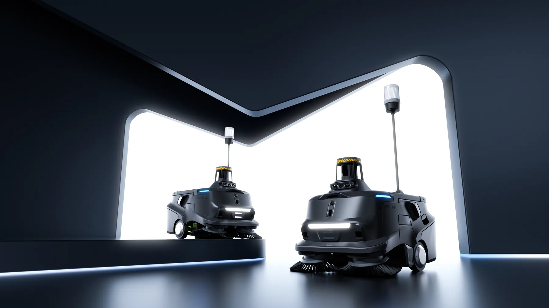Two PUDU MT1 Max sweepers on a dark studio floor