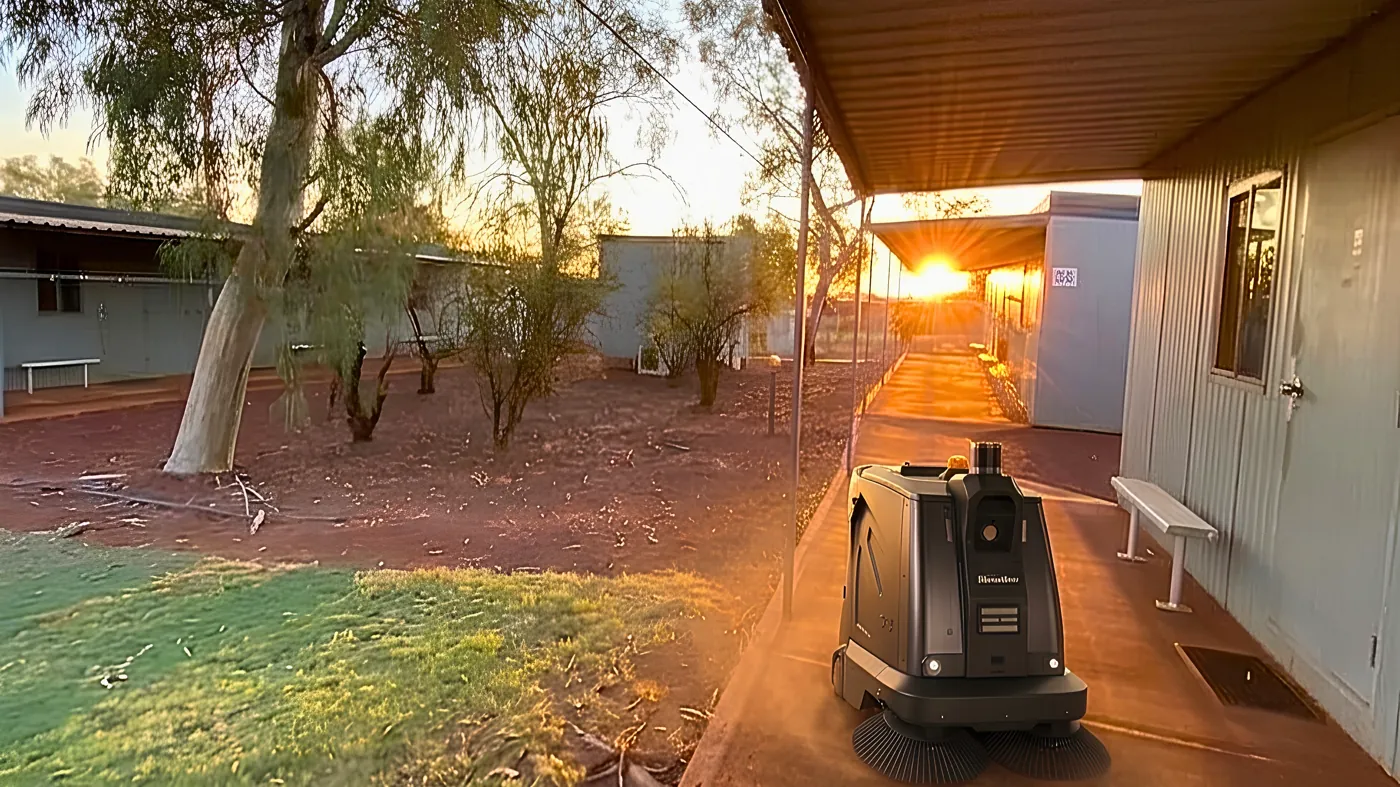 Autonomous sweeper cleaning a path between accommodation dongas at a remote WA mining camp at sunset