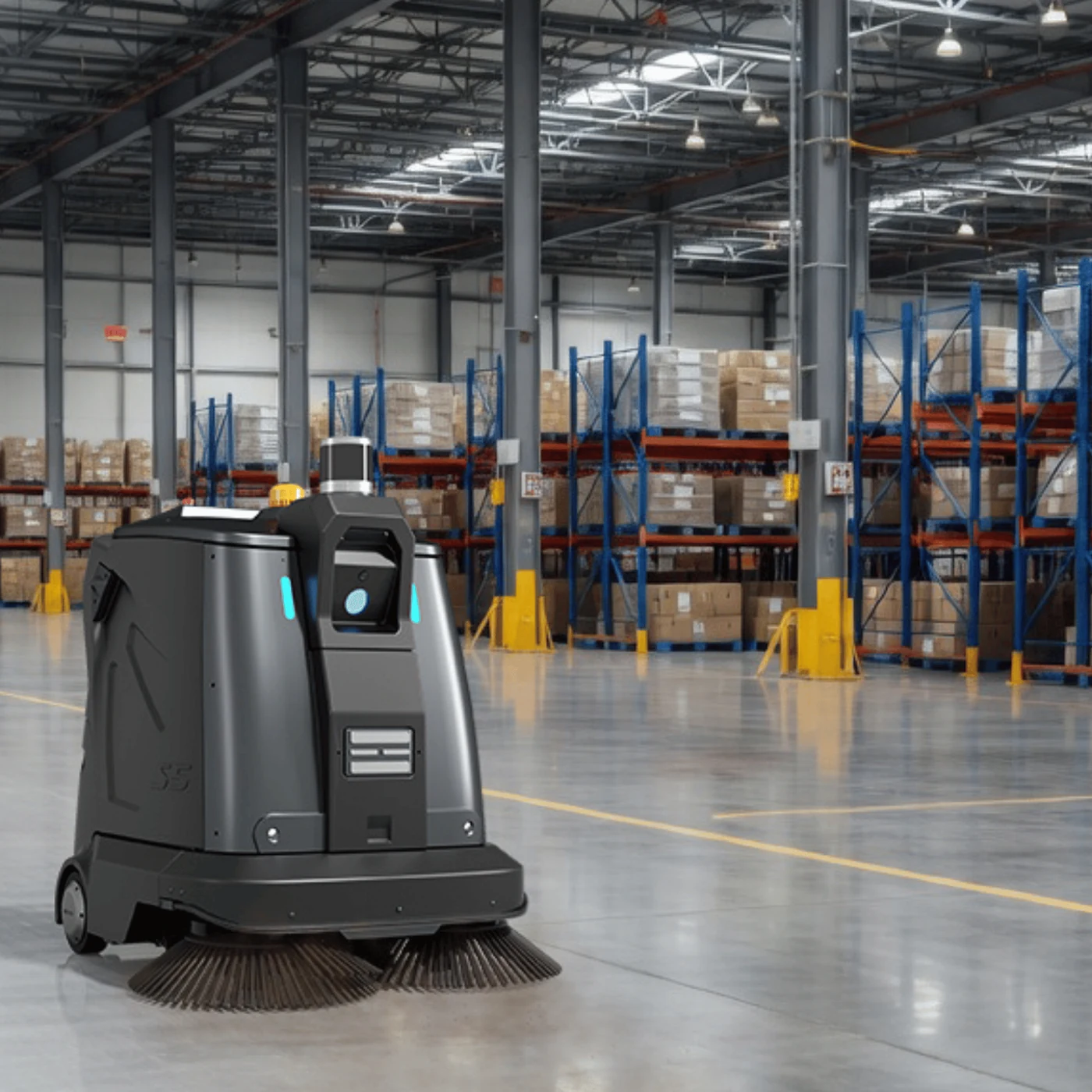 Cenobots S5 sweeping a distribution-centre floor between racking