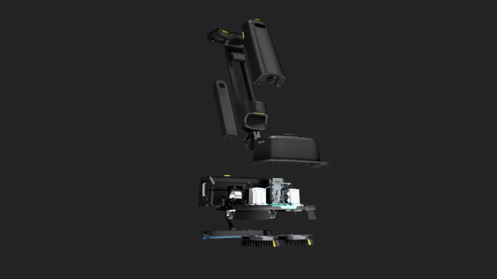 PUDU SH1 upright scrubber-dryer shown with its components