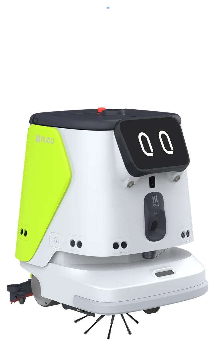 PUDU CC1 Pro, front three-quarter view showing the display and side brush