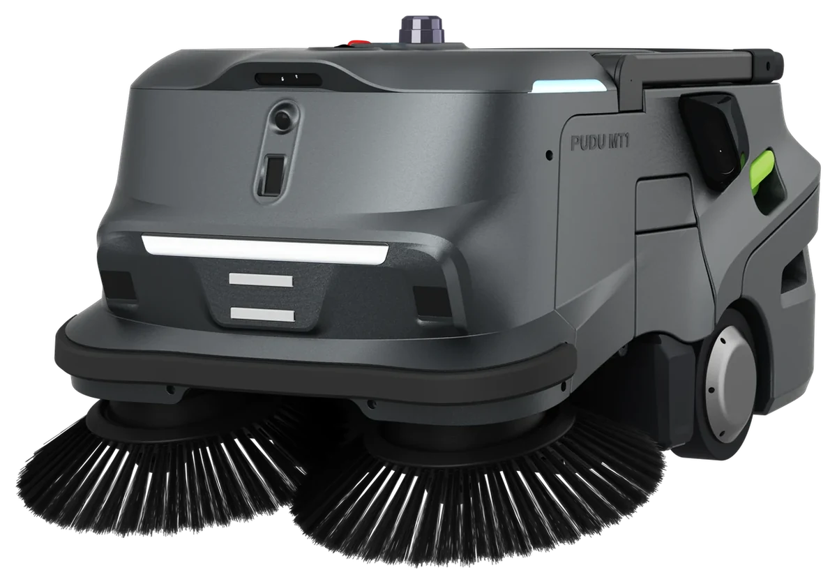 PUDU MT1, front three-quarter view showing the dual-disc side brushes and light bar